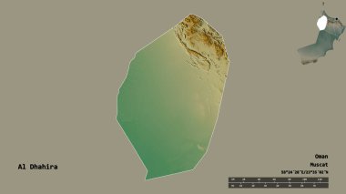 Al Dhahira 'nın şekli, Umman bölgesi, sermayesi sağlam arka planda izole edilmiş. Uzaklık ölçeği, bölge önizlemesi ve etiketleri. Topografik yardım haritası. 3B görüntüleme