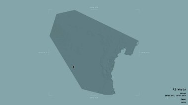 Al Wusta bölgesi, Umman bölgesi, katı bir arka planda izole edilmiş bir sınır kutusunda. Etiketler. Renkli yükseklik haritası. 3B görüntüleme