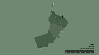 Başkenti, ana bölgesel bölümü ve ayrı Al Wusta bölgesiyle Umman 'ın deforme edilmiş şekli. Etiketler. Renkli yükseklik haritası. 3B görüntüleme