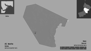 Al Wusta 'nın şekli, Umman bölgesi ve başkenti. Uzaklık ölçeği, ön gösterimler ve etiketler. Çift seviyeli yükseklik haritası. 3B görüntüleme