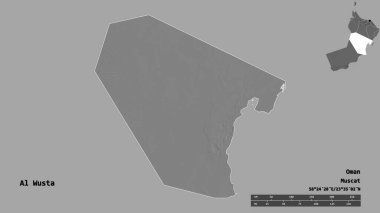 Al Wusta 'nın şekli, Umman bölgesi, sermayesi sağlam arka planda izole edilmiş. Uzaklık ölçeği, bölge önizlemesi ve etiketleri. Çift seviyeli yükseklik haritası. 3B görüntüleme