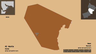 Al Wusta 'nın şekli, Umman bölgesi ve başkenti. Uzaklık ölçeği, ön gösterimler ve etiketler. Düzenli desenli dokuların bileşimi. 3B görüntüleme
