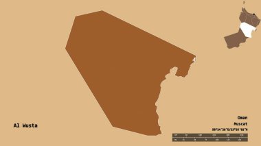 Al Wusta 'nın şekli, Umman bölgesi, sermayesi sağlam arka planda izole edilmiş. Uzaklık ölçeği, bölge önizlemesi ve etiketleri. Düzenli desenli dokuların bileşimi. 3B görüntüleme