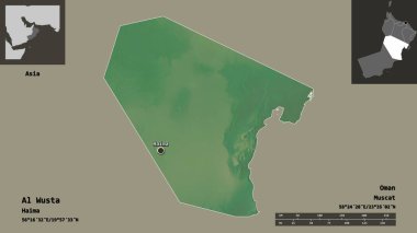 Al Wusta 'nın şekli, Umman bölgesi ve başkenti. Uzaklık ölçeği, ön gösterimler ve etiketler. Topografik yardım haritası. 3B görüntüleme
