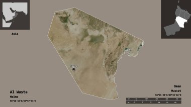 Al Wusta 'nın şekli, Umman bölgesi ve başkenti. Uzaklık ölçeği, ön gösterimler ve etiketler. Uydu görüntüleri. 3B görüntüleme