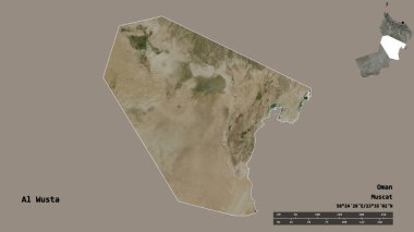 Al Wusta 'nın şekli, Umman bölgesi, sermayesi sağlam arka planda izole edilmiş. Uzaklık ölçeği, bölge önizlemesi ve etiketleri. Uydu görüntüleri. 3B görüntüleme