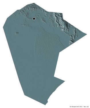 Ash Sharqiyah North, Umman bölgesi, başkenti beyaz arka planda izole edilmiş. Renkli yükseklik haritası. 3B görüntüleme