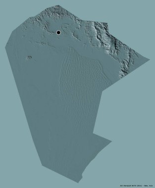 Ash Sharqiyah North, Umman bölgesi, başkenti katı bir renk arkaplanı ile izole edilmiştir. Renkli yükseklik haritası. 3B görüntüleme