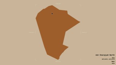 Ash Sharqiyah North bölgesi, Umman bölgesi, katı bir arka planda izole edilmiş bir sınır kutusunda. Etiketler. Desenli dokuların bileşimi. 3B görüntüleme