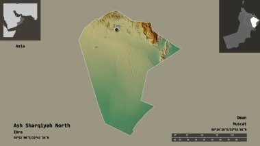 Ash Sharqiyah North, Umman bölgesi ve başkenti. Uzaklık ölçeği, ön gösterimler ve etiketler. Topografik yardım haritası. 3B görüntüleme