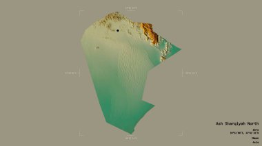 Ash Sharqiyah North bölgesi, Umman bölgesi, katı bir arka planda izole edilmiş bir sınır kutusunda. Etiketler. Topografik yardım haritası. 3B görüntüleme