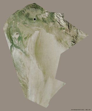 Ash Sharqiyah North, Umman bölgesi, başkenti katı bir renk arkaplanı ile izole edilmiştir. Uydu görüntüleri. 3B görüntüleme