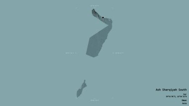 Ash Sharqiyah Güney bölgesi, Umman bölgesi, Gürcistan sınırında sağlam bir arka planda izole edilmiş. Etiketler. Renkli yükseklik haritası. 3B görüntüleme