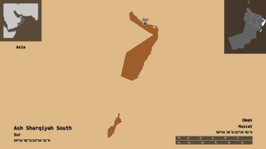 Ash Sharqiyah South, Umman bölgesi ve başkenti. Uzaklık ölçeği, ön gösterimler ve etiketler. Düzenli desenli dokuların bileşimi. 3B görüntüleme
