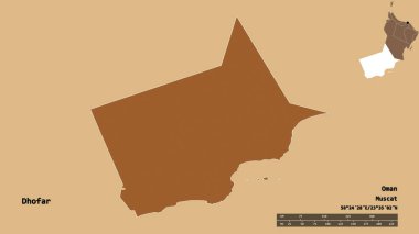 Umman ili, Zhofar 'ın şekli, başkenti sağlam bir zemin üzerinde izole edilmiş. Uzaklık ölçeği, bölge önizlemesi ve etiketleri. Düzenli desenli dokuların bileşimi. 3B görüntüleme
