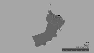 Başkenti, ana bölgesel bölümü ve bölünmüş Musandam bölgesiyle Umman 'ın deforme edilmiş şekli. Etiketler. Çift seviyeli yükseklik haritası. 3B görüntüleme