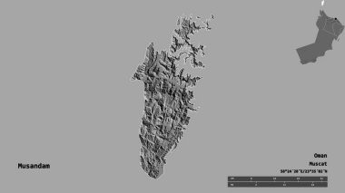 Umman ili Musandam 'ın şekli, başkenti sağlam bir zemin üzerinde izole edilmiş. Uzaklık ölçeği, bölge önizlemesi ve etiketleri. Çift seviyeli yükseklik haritası. 3B görüntüleme