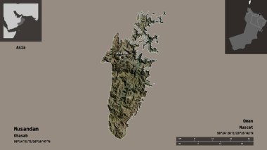 Musandam 'ın şekli, Umman ili ve başkenti. Uzaklık ölçeği, ön gösterimler ve etiketler. Uydu görüntüleri. 3B görüntüleme