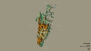 Musandam bölgesi, Umman vilayeti, jeoreferatlı bir sınır kutusunda sağlam bir arka planda izole edilmiş. Etiketler. Topografik yardım haritası. 3B görüntüleme