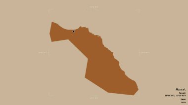 Muscat bölgesi, Umman vilayeti, sağlam bir arka planda izole edilmiş bir sınır kutusunda. Etiketler. Desenli dokuların bileşimi. 3B görüntüleme