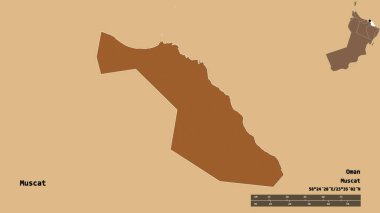 Umman vilayeti Muscat 'ın şekli, başkenti sağlam bir zemin üzerinde izole edilmiş. Uzaklık ölçeği, bölge önizlemesi ve etiketleri. Düzenli desenli dokuların bileşimi. 3B görüntüleme