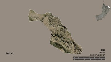 Umman vilayeti Muscat 'ın şekli, başkenti sağlam bir zemin üzerinde izole edilmiş. Uzaklık ölçeği, bölge önizlemesi ve etiketleri. Uydu görüntüleri. 3B görüntüleme