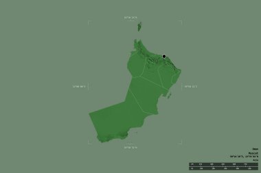 Umman bölgesi katı bir arka planda izole edilmiş bir sınır kutusunda. Ana bölgesel bölüm, mesafe ölçeği, etiketler. Renkli yükseklik haritası. 3B görüntüleme