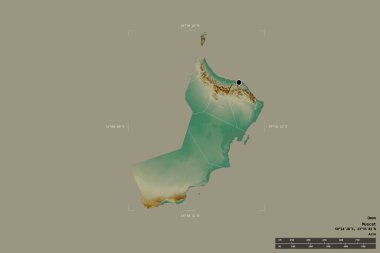 Umman bölgesi katı bir arka planda izole edilmiş bir sınır kutusunda. Ana bölgesel bölüm, mesafe ölçeği, etiketler. Topografik yardım haritası. 3B görüntüleme