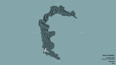 Azad Kashmir bölgesi, Pakistan 'ın merkezi yönetilen bölgesi, jeoreferatlı bir sınır kutusunda katı bir arka planda izole edilmiş. Etiketler. Renkli yükseklik haritası. 3B görüntüleme