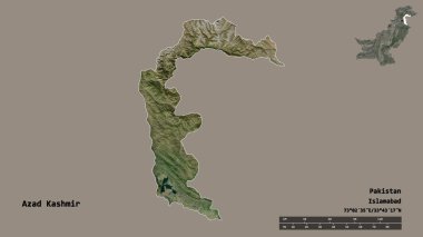 Pakistan 'ın merkezi yönetilen ve başkenti sağlam bir zemine sahip Azad Kashmir' in şekli. Uzaklık ölçeği, bölge önizlemesi ve etiketleri. Uydu görüntüleri. 3B görüntüleme