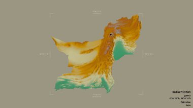 Baluchistan bölgesi, Pakistan eyaleti, jeoreferatlı bir sınır kutusunda sağlam bir arka planda izole edilmiş. Etiketler. Topografik yardım haritası. 3B görüntüleme