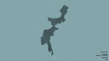 F.A.T.A. bölgesi, Pakistan bölgesi, jeoreferatlı bir sınır kutusunda sağlam bir arka planda izole edilmiş. Etiketler. Renkli yükseklik haritası. 3B görüntüleme