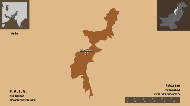 F.A.T.A. 'nın şekli, Pakistan bölgesi ve başkenti. Uzaklık ölçeği, ön gösterimler ve etiketler. Düzenli desenli dokuların bileşimi. 3B görüntüleme
