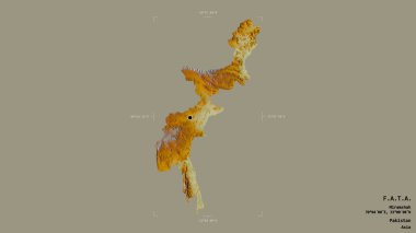 F.A.T.A. bölgesi, Pakistan bölgesi, jeoreferatlı bir sınır kutusunda sağlam bir arka planda izole edilmiş. Etiketler. Topografik yardım haritası. 3B görüntüleme