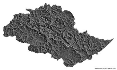 Kuzey bölgelerinin şekli, Pakistan 'ın merkezi yönetilen bölgesi, başkenti beyaz arka planda izole edilmiş. Çift seviyeli yükseklik haritası. 3B görüntüleme