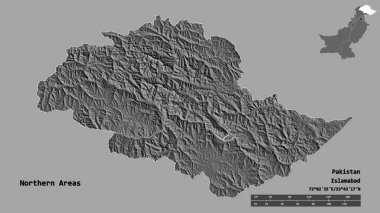 Kuzey bölgelerinin şekli, Pakistan 'ın merkezi yönetimli bölgesi, başkenti sağlam bir zemin üzerinde izole edilmiş. Uzaklık ölçeği, bölge önizlemesi ve etiketleri. Çift seviyeli yükseklik haritası. 3B görüntüleme