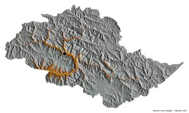 Kuzey bölgelerinin şekli, Pakistan 'ın merkezi yönetilen bölgesi, başkenti beyaz arka planda izole edilmiş. Topografik yardım haritası. 3B görüntüleme