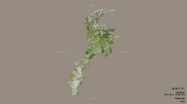 N.W.F.P. bölgesi, Pakistan eyaleti, jeoreferatlı bir sınır kutusunda sağlam bir arka planda izole edilmiş. Etiketler. Uydu görüntüleri. 3B görüntüleme