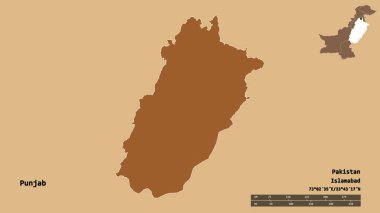 Pakistan 'ın Punjab şehrinin başkenti sağlam bir arka planda izole edilmiştir. Uzaklık ölçeği, bölge önizlemesi ve etiketleri. Düzenli desenli dokuların bileşimi. 3B görüntüleme