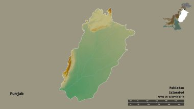 Pakistan 'ın Punjab şehrinin başkenti sağlam bir arka planda izole edilmiştir. Uzaklık ölçeği, bölge önizlemesi ve etiketleri. Topografik yardım haritası. 3B görüntüleme