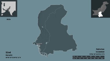 Sind 'in şekli, Pakistan eyaleti ve başkenti. Uzaklık ölçeği, ön gösterimler ve etiketler. Renkli yükseklik haritası. 3B görüntüleme