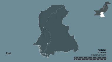 Pakistan 'ın Sind bölgesinin başkenti sağlam bir zemin üzerinde izole edilmiştir. Uzaklık ölçeği, bölge önizlemesi ve etiketleri. Renkli yükseklik haritası. 3B görüntüleme