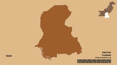 Pakistan 'ın Sind bölgesinin başkenti sağlam bir zemin üzerinde izole edilmiştir. Uzaklık ölçeği, bölge önizlemesi ve etiketleri. Düzenli desenli dokuların bileşimi. 3B görüntüleme