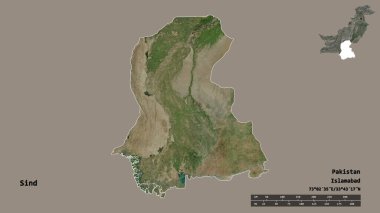 Pakistan 'ın Sind bölgesinin başkenti sağlam bir zemin üzerinde izole edilmiştir. Uzaklık ölçeği, bölge önizlemesi ve etiketleri. Uydu görüntüleri. 3B görüntüleme