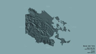 Bocas del Toro bölgesi, Panama ili, katı bir arka planda izole edilmiş bir sınır kutusunda. Etiketler. Renkli yükseklik haritası. 3B görüntüleme