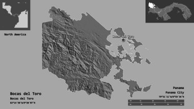Bocas del Toro, Panama ili ve başkenti. Uzaklık ölçeği, ön gösterimler ve etiketler. Çift seviyeli yükseklik haritası. 3B görüntüleme