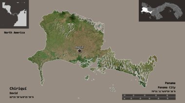 Chiriqui, Panama ili ve başkenti. Uzaklık ölçeği, ön gösterimler ve etiketler. Uydu görüntüleri. 3B görüntüleme