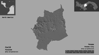 Cocle Şekli, Panama ili ve başkenti. Uzaklık ölçeği, ön gösterimler ve etiketler. Çift seviyeli yükseklik haritası. 3B görüntüleme