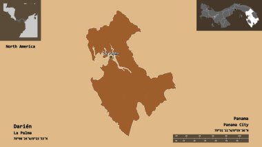 Darien 'in şekli, Panama ili ve başkenti. Uzaklık ölçeği, ön gösterimler ve etiketler. Düzenli desenli dokuların bileşimi. 3B görüntüleme