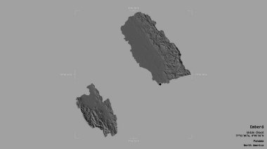 Embera bölgesi, Panama 'nın yerli bölgesi, jeoreferatlı bir sınır kutusunun sağlam bir arka planında izole edilmiş. Etiketler. Çift seviyeli yükseklik haritası. 3B görüntüleme